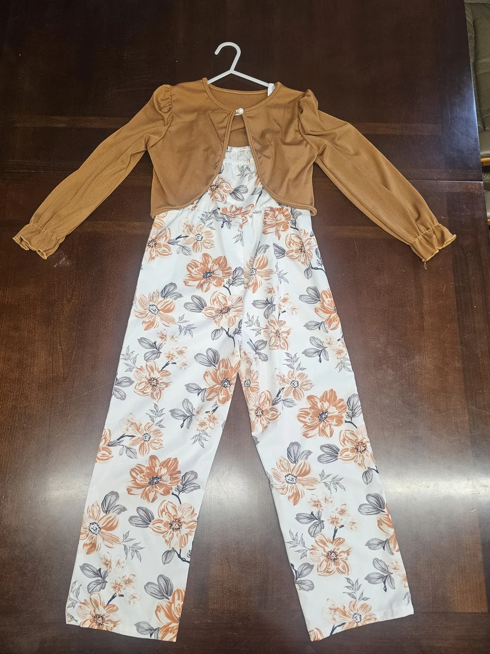 Floral Jumpsuit with Burnt Orange Cardigan Size 7